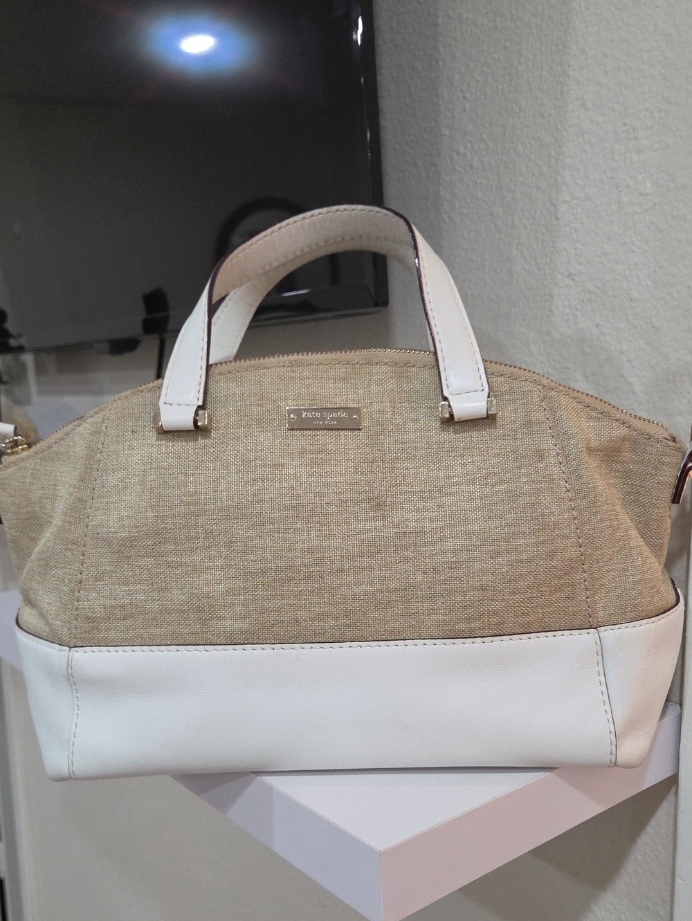 kate spade Beige Canvas and White Leather Satchel